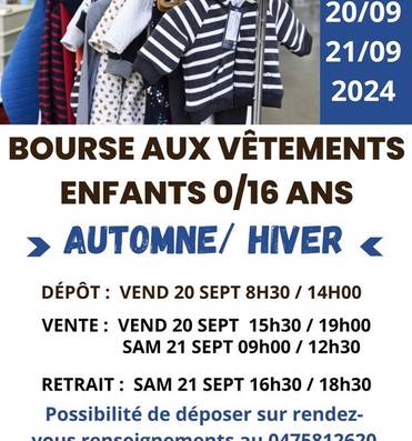 Bourse aux vêtements enfants automne/hiver Du 20 au 21 sept 2024