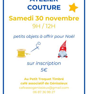 Atelier couture : "Petits objets à offrir pour Noël" Le 30 nov 2024